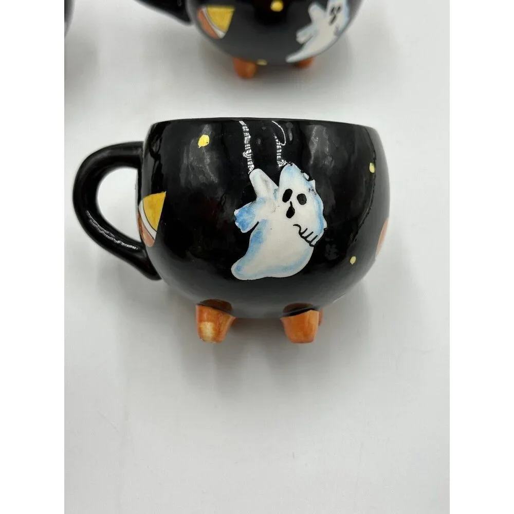Halloween Black Cat Ghost Mug Coffee Tea 6oz Cup Hand Painted White Orange Set 8